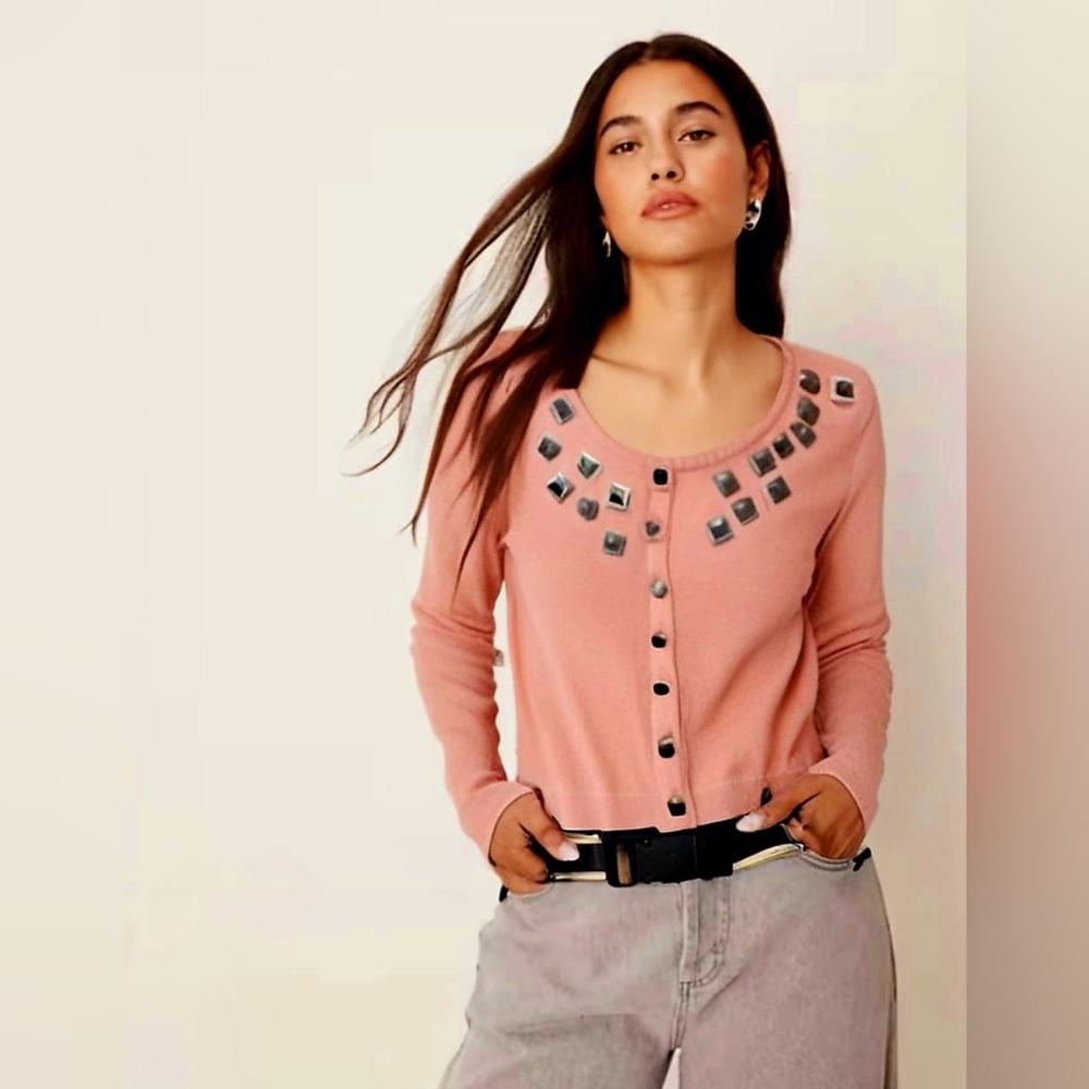NWT Anthropologie Guinevere Peach Studded Cardigan Sweater